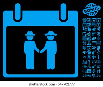 Gemtlemen Handshake Calendar Day icon with bonus calendar and time management design elements. Vector illustration style is flat iconic symbols, blue, black background.