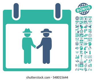 Gemtlemen Handshake Calendar Day icon with bonus calendar and time management graphic icons. Vector illustration style is flat iconic symbols, cobalt and cyan, white background.