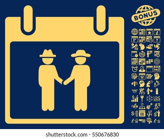 Gemtlemen Handshake Calendar Day icon with bonus calendar and time management clip art. Vector illustration style is flat iconic symbols, yellow, blue background.