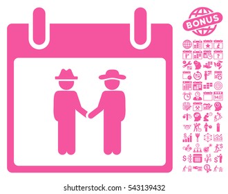 Gemtlemen Handshake Calendar Day pictograph with bonus calendar and time management pictures. Vector illustration style is flat iconic symbols, pink, white background.