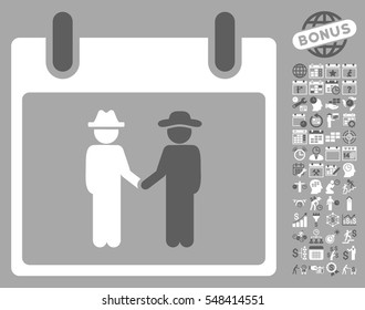 Gemtlemen Handshake Calendar Day pictograph with bonus calendar and time management graphic icons. Vector illustration style is flat iconic symbols, dark gray and white, silver background.