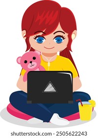 Gen Alpha Red-Haired Girl with Teddy Bear Using Laptop and Earphones, Sitting Cross-Legged on Cushion with Lemon Juice