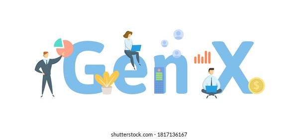 Gen X, Generation X. Concept With Keywords, People And Icons. Flat Vector Illustration. Isolated On White Background.