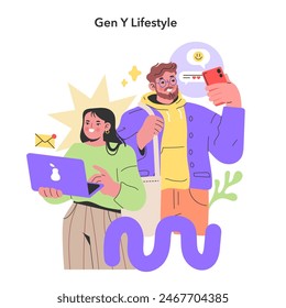 Concepto de estilo de vida de la generación Y. Una pareja se involucra con dispositivos modernos, simbolizando la intersección de la tecnología y la vida cotidiana. Una nueva visión de la conectividad y la multitarea. Ilustración vectorial.