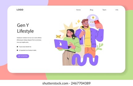 Gen Y Lifestyle concept. A couple engages with modern devices, symbolizing the intersection of technology and daily life. A fresh take on connectivity and multitasking. Vector illustration.
