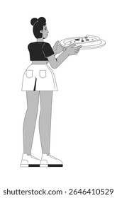 Gen z mulher afro-americana segurando pizza slice na placa 2D personagem linha. Casual desgaste menina negra servindo pepperoni snack isolado vetor tinta contorno pessoa. Ilustração de ponto monocromático