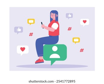 La generación Z está ocupada jugando a las redes sociales, adicta a las aplicaciones en teléfonos móviles. Personajes de diseño. Ilustración plana de Vector