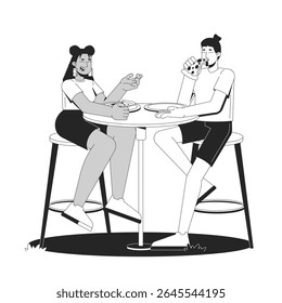 Gen z casal compartilhando pizza na mesa ao ar livre caracteres de linha 2D. Amigos multiculturais rindo, comendo fatias de pepperoni na data isolada tinta vetor delineia pessoas. Ilustração de ponto monocromático
