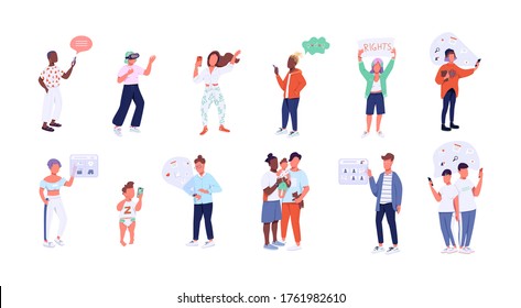 Gen Z flat color vector faceless characters set. Gender diverse and technologically advanced young people. Modern youth, generation Z lifestyle isolated cartoon illustrations on white background