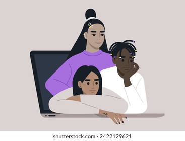 Gen z Friends Bonding Over Computer In Cozy Atmosphere, enjoying time together, symbolizing the intersection of technology and intimate friendship moments