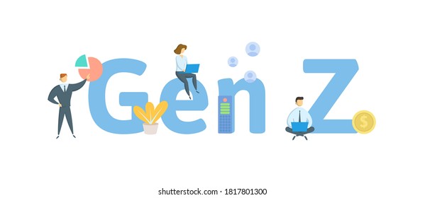 Gen Z, Generation Z. Konzept mit Schlagwörtern, Menschen und Symbolen. Flache Vektorgrafik. Einzeln auf weißem Hintergrund.
