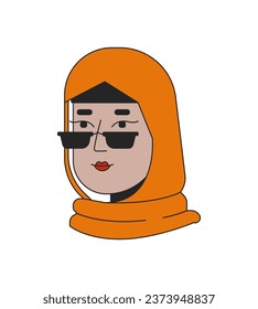 Gen z hijab woman young adult 2D linear cartoon character head. Sunglasses girl muslim isolated line vector person face white background. Scarf hijab fashion color flat spot illustration