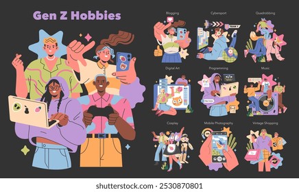 Gen Z Hobbies concept. Diverse young adults engaging in activities like digital art, esports, and cosplay. Creative pastimes reflect modern youth culture. Vector illustration.