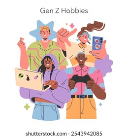 Gen Z Hobbies concept. Diverse young adults engaged in modern activities like gaming, social media, and blogging. Technologically savvy generation. Vector illustration.