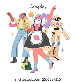 Gen Z Hobbies concept. Diverse group engaging in cosplay, expressing creativity through costume design and role-play. Vector illustration.