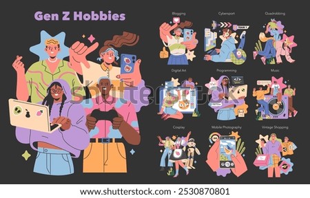 Gen Z Hobbies concept. Diverse young adults engaging in activities like digital art, esports, and cosplay. Creative pastimes reflect modern youth culture. Vector illustration.