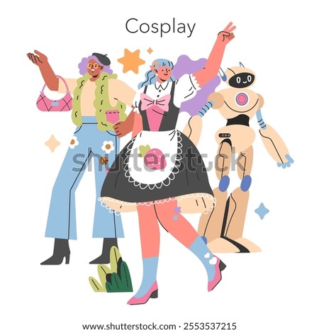 Gen Z Hobbies concept. Diverse group engaging in cosplay, expressing creativity through costume design and role-play. Vector illustration.