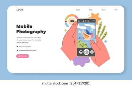 Concepto de pasatiempos de la generación Z. Una mano sostiene un teléfono inteligente que captura un pájaro colorido y un paisaje para la Fotografía móvil. Creatividad en la era digital. Ilustración vectorial.