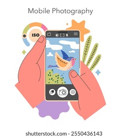 Conceito da geração Z Hobbies. Mão segurando um smartphone capturando um pássaro colorido, simbolizando a tendência da fotografia móvel. Ilustração vetorial.