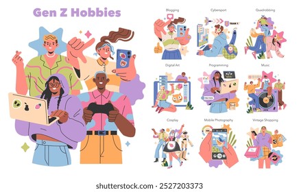 Gen Z Hobbies concept. Illustration capturing diverse young adults engaged in popular activities like gaming and blogging. Dynamic representation of current generation pastimes. Vector illustration.