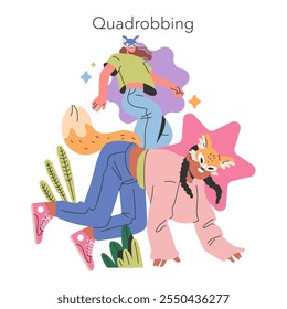 Conceito da geração Z Hobbies. Dois jovens se envolvem em quadrobia, uma mistura única de dança e ginástica. Movimento dinâmico, cultura juvenil e atividade de lazer vibrante. Ilustração vetorial.