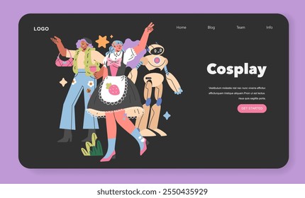 Gen Z Hobbies concept. Young adults dressed in eclectic cosplay outfits, celebrating pop culture together. Creative expression and community engagement. Vector illustration.