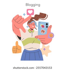 Gen Z Hobbies concept. A young blogger capturing a selfie for social media with likes and emojis floating around. Engaging online presence. Vector illustration.