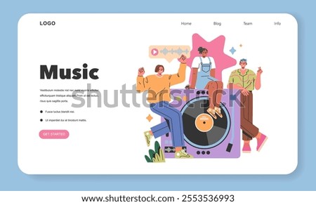 Gen Z Hobbies concept. Young adults enjoying music and social interaction in a modern web interface design. Musical expression and digital lifestyle. Vector illustration.