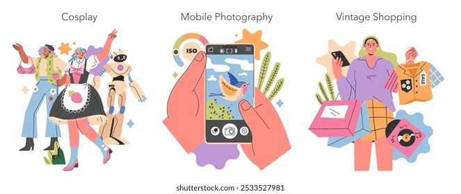 Gen Z Hobbies set. A diverse group engaging in cosplay, mobile photography, and vintage shopping. Creative expression and retro fashion trends. Vector illustration.