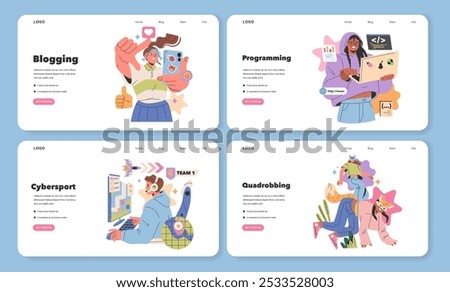 Gen Z Hobbies set. Modern young adults engaged in blogging, programming, esports, and quadrobics. Expressive digital pastimes. Vector illustration.