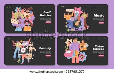 Gen Z Hobbies set. Trendy pastimes including music enjoyment, cosplay, and vintage shopping. Social connection through shared interests. Vector illustration.