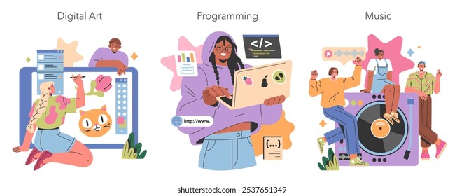 Gen Z Hobbies definido. Jovens adultos envolvidos em arte digital, programação e produção musical. A criatividade e a tecnologia se fundem em passatempos de jovens. Ilustração vetorial.