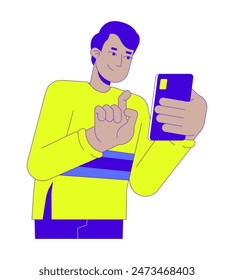 Gen z indian man typing smartphone 2D linear cartoon character. South asian guy with mobile phone isolated line vector person white background. Texting online color flat spot illustration