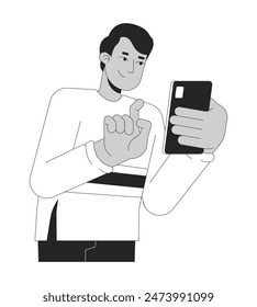 Gen z Indianer Mann, der Smartphone schwarz und weiß 2D-Linie Cartoon Charakter tippt. Südasiatischer Typ mit Handy isolierte Vektorgrafik Umriss Person. Texting online monochromatische flache Spot-Illustration