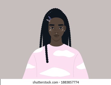 Gen z lifestyle portrait, a young female Black character wearing trendy clothes, soft girl subculture