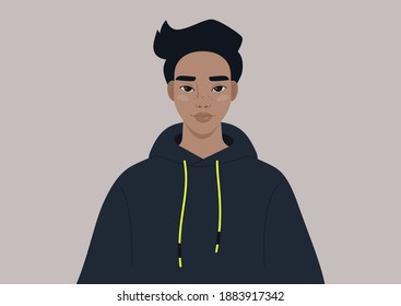 Gen z lifestyle portrait, a young male character wearing a hoodie, youth subcultures