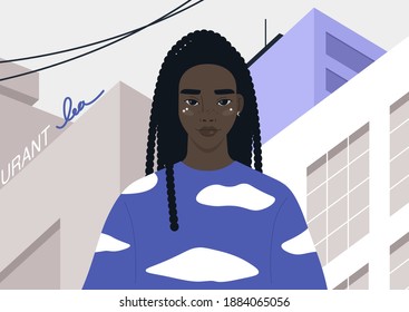 Gen z lifestyle portrait, a young female Black character wearing a long sleeve with a cloud pattern, urban life, and youth subcultures