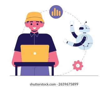 Gen z makes robots easily with assembly apps, cartoon vector illustrations.