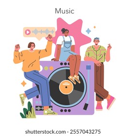 Gen Z music enthusiasts enjoying a vibrant vinyl record session with trendy outfits and playful poses. Vector illustration.