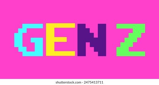 Gen Z as pixelated text. Young generation Z and digital technology and digital literacy. Vector illustration on plain pink background.