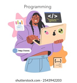 Conceito programador da geração Z. Uma jovem codificadora feminina com óculos trabalha em um laptop em meio a ícones de desenvolvimento para a web. Tema de tecnologia e alfabetização digital. Ilustração vetorial.