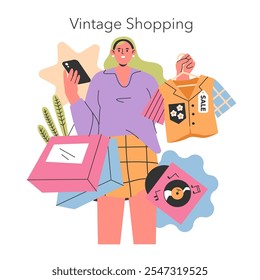 Gen Z Vintage Shopping Spree mit einem trendigen jungen Menschen erkunden Retro-Mode und Musik Vinyl-Schallplatten. Vektorgrafik.