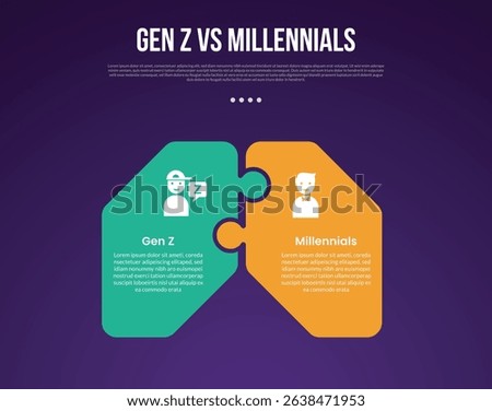 Gen z vs Millennials infographic for comparison data with round puzzle box connection with modern dark gradient style background with 2 point information vector