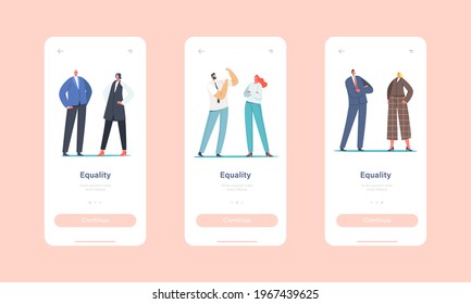 Gender Balance and Equality Mobile App Page Onboard Screen Template. Businessman and Businesswoman Characters at Equal Rights, Man and Woman Tolerance Concept. Cartoon People Vector Illustration