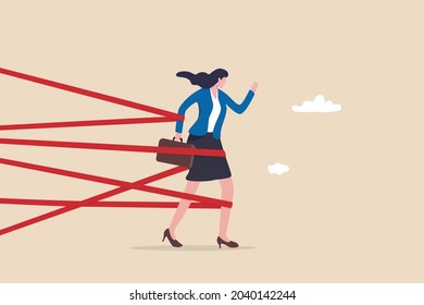 Gender Barrier, Woman Career Obstacle Or Inequality, Limitation Or Discrimination, Effort To Overcome Difficulty Concept, Strong Businesswoman Try With Full Effort To Break Red Tape To Growing In Work