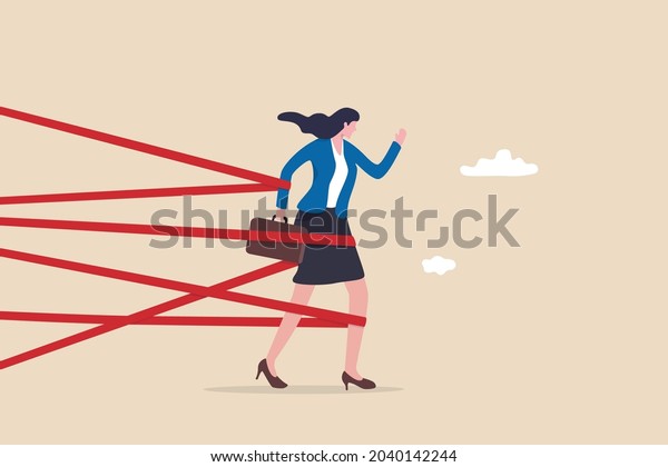 Gender barrier, woman career obstacle or inequality,\
limitation or discrimination, effort to overcome difficulty\
concept, strong businesswoman try with full effort to break red\
tape to growing in work