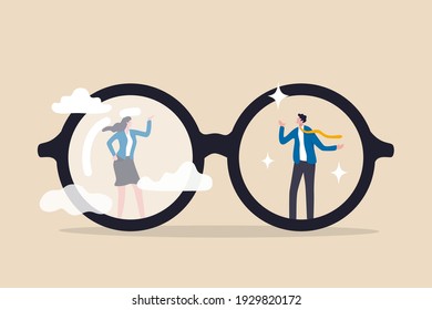 Gender Bias, Sexism Inequality In Workplace And Social, Prejudice, Stereotyping, Or Discrimination Against Women Concept, Eyeglasses With Clear Vision On Businessman And Unclear Blurry Vision On Woman