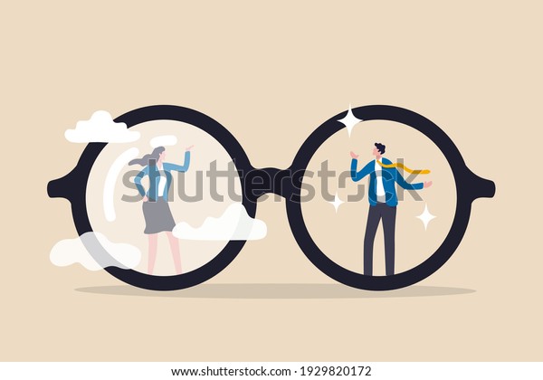 Gender bias, sexism inequality in workplace and\
social, prejudice, stereotyping, or discrimination against women\
concept, eyeglasses with clear vision on businessman and unclear\
blurry vision on woman