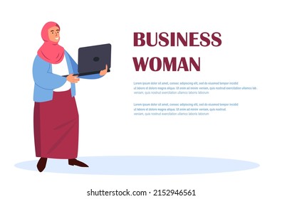 Gender Bias at Workplace Landing Page Template. Arabic Business Woman with Laptop in Hands. Arabian Female Character Dressed in Traditional Hijab and Formal Suit. Cartoon People Vector Illustration