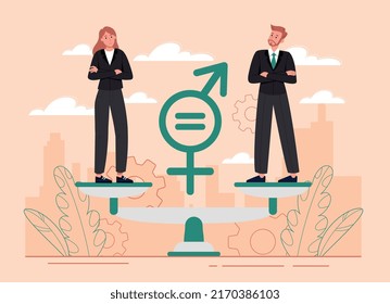 Gender business equality concept. Young man and woman entrepreneurs stand on scales and balance each other. Equal Opportunities and Rights for Career Growth. Cartoon flat vector illustration